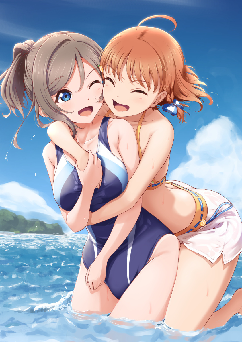 2girls alternate_hairstyle amagi_(volfuji) beach bikini blue_eyes blue_sky blue_swimsuit blush braid breasts closed_eyes clouds competition_swimsuit day grey_hair highres horizon hug hug_from_behind island looking_at_another love_live! love_live!_sunshine!! medium_breasts multiple_girls navel ocean one-piece_swimsuit one_eye_closed open_mouth orange_bikini orange_hair outdoors ponytail ribbon short_hair side_braid skirt sky small_breasts smile swimsuit takami_chika watanabe_you water yellow_ribbon