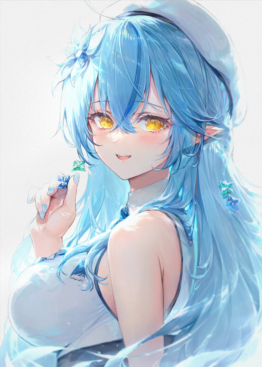 1girl bangs bare_shoulders blue_hair blue_nails blush breasts earrings elf eyebrows_visible_through_hair flower from_side hair_between_eyes hair_flower hair_ornament haoni hat highres holding hololive jewelry large_breasts light_blue_hair long_hair multicolored_hair nail_polish open_mouth pointy_ears simple_background sleeveless smile snowflake_earrings snowflake_hair_ornament solo streaked_hair upper_body virtual_youtuber white_background white_headwear yellow_eyes yukihana_lamy