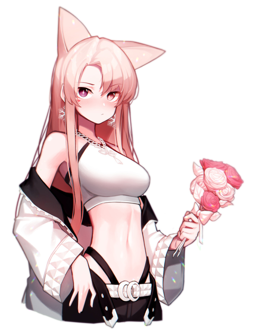1girl absurdres animal_ears belt beudelb black_shorts blush breasts commentary crop_top cropped_torso earrings extra_ears flower heart heterochromia highres holding holding_flower jacket jewelry korean_commentary looking_at_viewer medium_breasts midriff navel necklace off_shoulder original pink_eyes pink_flower pink_hair shirt shorts simple_background snowflake_earrings solo upper_body violet_eyes white_background white_jacket white_shirt