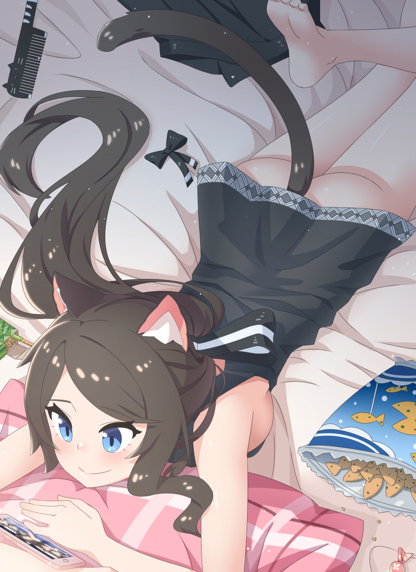 1girl absurdres animal_ear_fluff animal_ears ass bare_arms bare_legs bare_shoulders barefoot black_shirt blue_eyes blush breasts brown_hair cat_ears cat_tail cellphone chips closed_mouth comb food hair_spread_out highres ice_cream long_hair looking_at_phone lying medium_breasts naked_shirt nekoze_(s22834712) on_stomach original phone pillow potato_chips shirt sideboob skirt skirt_removed smartphone smile soles solo tail tu_ya_(nekoze)