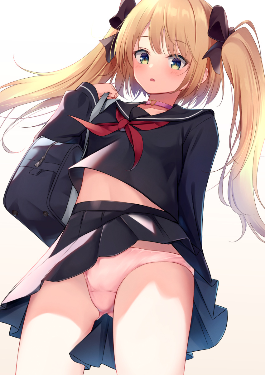 1girl ass_visible_through_thighs bag bangs black_ribbon black_sailor_collar black_serafuku black_shirt black_skirt blonde_hair blush bow breasts character_request choker commentary_request copyright_request cowboy_shot eyebrows_visible_through_hair green_eyes hair_bow hair_ribbon hand_up heart heart_choker highres long_hair long_sleeves looking_down midriff miniskirt miso_(misomiso_154) neckerchief panties pantyshot parted_lips pink_choker pink_panties pleated_skirt red_neckwear ribbon sailor_collar school_bag school_uniform serafuku shirt short_hair skirt small_breasts solo underwear wind wind_lift