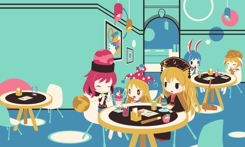 +_+ 5girls american_flag_shirt animal_ears bangs bare_shoulders barefoot belt black_belt black_dress black_eyes black_headwear black_shirt blonde_hair blue_dress blue_hair blue_shirt blue_skirt blush bow bowtie brown_headwear brown_shirt cafe chair chibi closed_eyes closed_mouth clothes_writing clownpiece cobalta crescent dress eating eyebrows_visible_through_hair fairy_wings floor food glass hair_between_eyes hand_up hands_up hat heart heart_print hecatia_lapislazuli highres ice ice_cream jester_cap juice junko_(touhou) lamp lemonade long_hair long_sleeves looking_at_another medium_hair menu multicolored multicolored_clothes multicolored_shirt multicolored_skirt multiple_girls off_shoulder open_mouth paper picture_(object) pink_headwear pink_skirt polka_dot polos_crown pom_pom_(clothes) puffy_short_sleeves puffy_sleeves rabbit_ears red_footwear red_headwear red_heart red_shirt red_skirt red_vest ringo_(touhou) seiran_(touhou) shirt shoes short_hair short_sleeves sitting skirt smile spoon star_(symbol) striped striped_shirt t-shirt tabard table touhou vest white_shirt wide_sleeves wings yellow_bow yellow_neckwear
