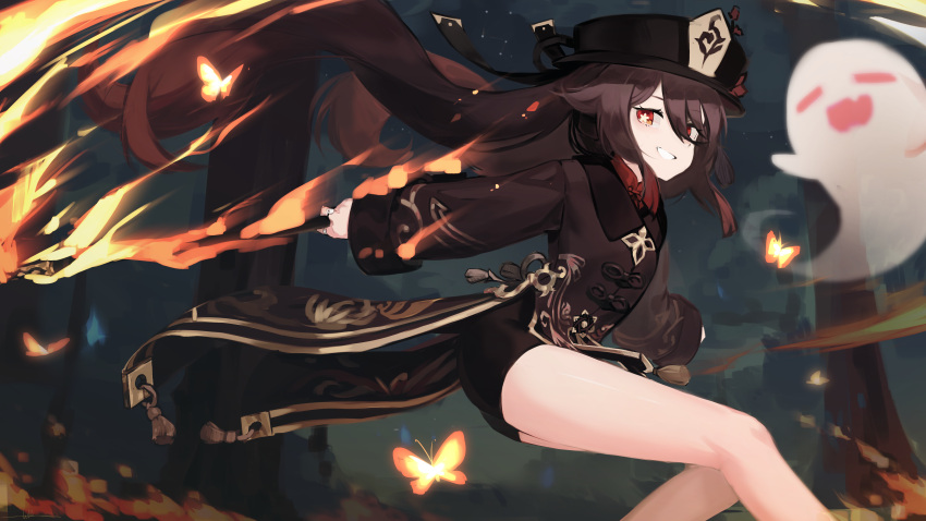 1girl absurdres black_headwear black_shorts brown_hair chinese_clothes fire flower genshin_impact ghost highres holding holding_polearm holding_weapon hu_tao_(genshin_impact) huge_filesize libiadan long_hair plum_blossoms polearm red_eyes short_shorts shorts smile star-shaped_pupils star_(symbol) symbol-shaped_pupils tailcoat twintails weapon