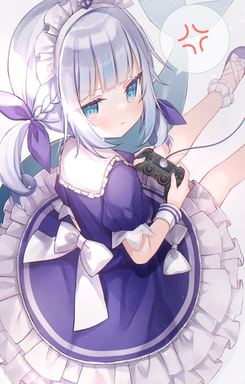 1girl absurdres anchor_symbol anger_vein angry back_bow bangs bloop_(gawr_gura) blue_bow blue_dress blue_eyes blue_footwear blush bow braid cosplay dress drill_hair fish_tail frilled_dress frilled_shirt_collar frills game_console gawr_gura hair_bow highres hololive hololive_english looking_at_viewer maid maid_headdress minato_aqua minato_aqua_(cosplay) playstation_4 pout puffy_short_sleeves puffy_sleeves shark_tail shoes short_sleeves shouu-kun sitting solo spoken_anger_vein tail twin_drills virtual_youtuber white_bow wrist_cuffs