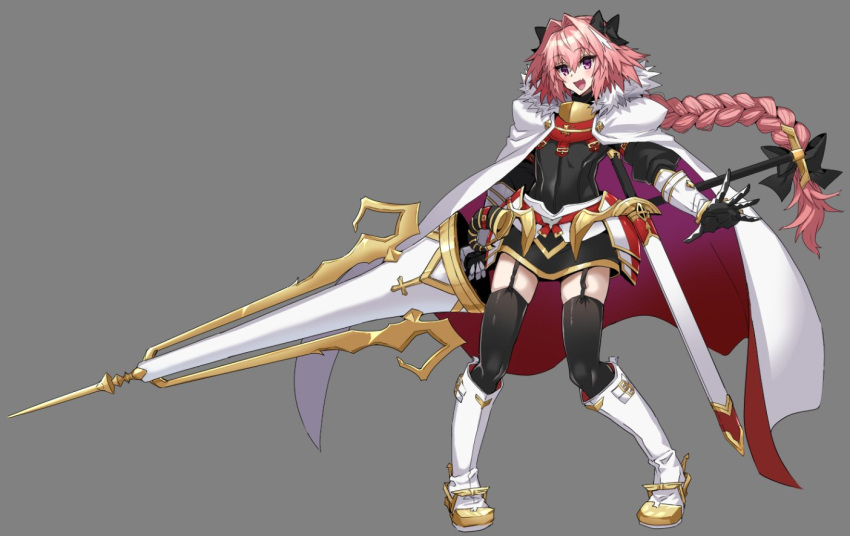 1boy armor astolfo_(fate) boots braid braided_ponytail commentary_request eyebrows_visible_through_hair fang fate/apocrypha fate_(series) full_body grey_background hair_between_eyes haoro holding holding_lance holding_polearm holding_weapon lance long_hair multicolored_hair open_mouth otoko_no_ko pink_hair polearm sheath sheathed simple_background skin_fang solo standing streaked_hair sword thigh-highs tongue two-tone_hair violet_eyes weapon white_hair