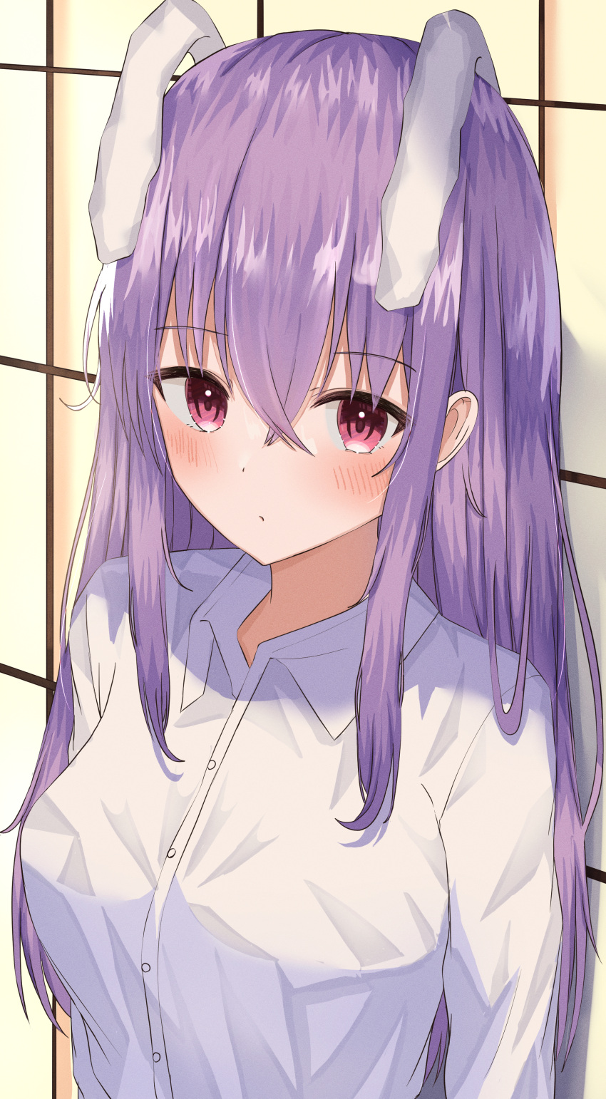 1girl absurdres animal_ears aohane bangs blush breasts closed_mouth collared_shirt commentary_request crossed_bangs extra_ears eyebrows_visible_through_hair hair_between_eyes highres large_breasts looking_at_viewer purple_hair rabbit_ears reisen_udongein_inaba revision shirt solo touhou upper_body violet_eyes wall white_shirt wing_collar