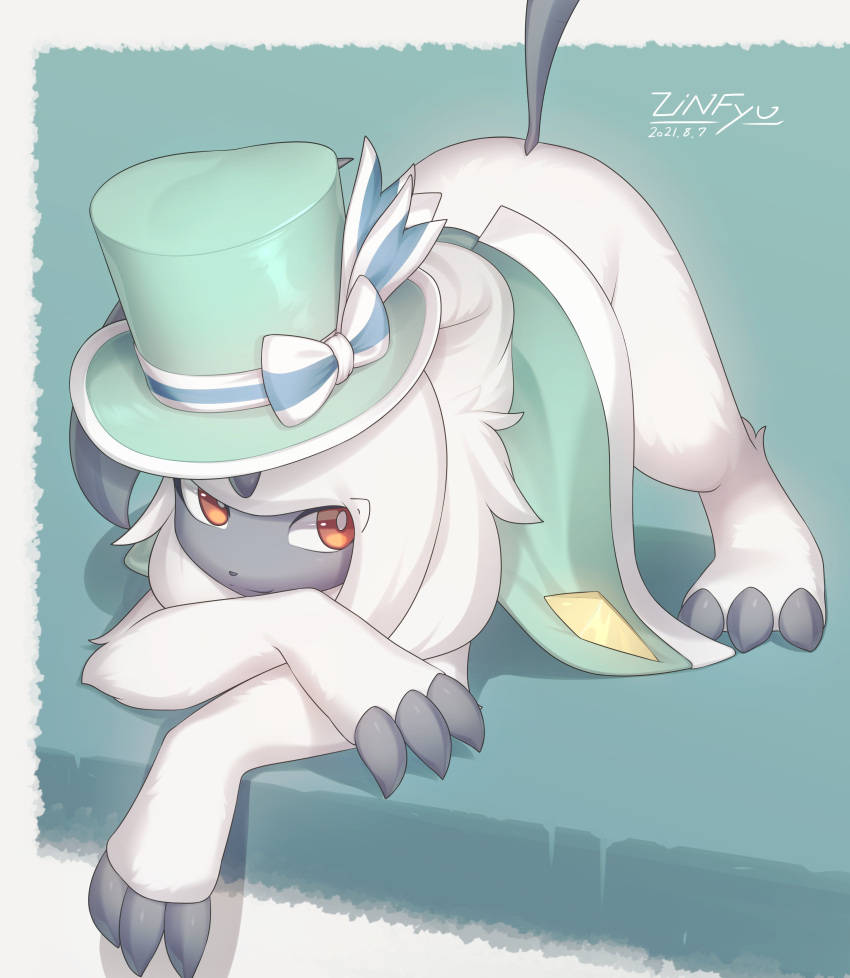 absol absurdres alternate_costume artist_name bottomless bow claws crossed_arms dated eyes_visible_through_hair gen_3_pokemon hat highres no_humans orange_eyes pokemon pokemon_(creature) pokemon_(game) pokemon_unite sexually_suggestive smirk solo tail tail_raised top-down_bottom-up top_hat white_fur white_hair zinfyu