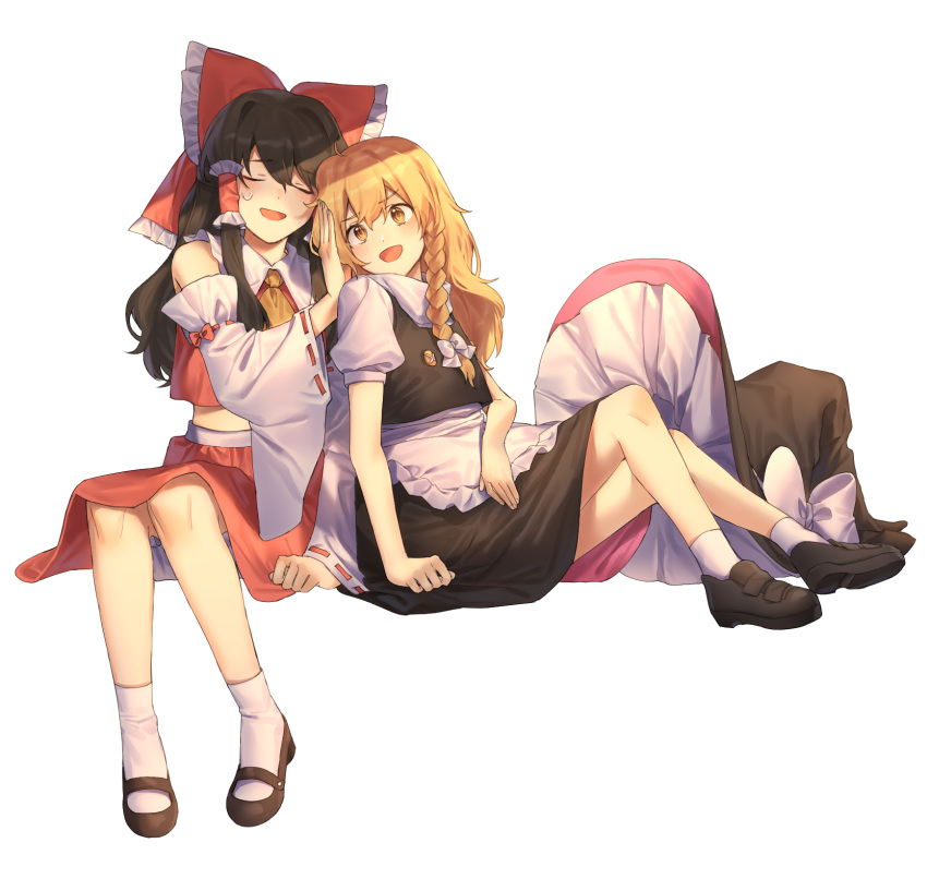2girls apron ascot bangs bare_shoulders black_dress black_footwear black_hair black_headwear blonde_hair blush boots bow braid brown_footwear buttons cheunes closed_eyes collar detached_sleeves dress eyebrows_visible_through_hair frills hair_between_eyes hair_bow hair_ornament hair_tubes hakurei_reimu hand_on_another's_head hand_up hat hat_bow highres kirisame_marisa long_hair long_sleeves looking_at_another lying lying_on_person medium_hair multiple_girls no_hat no_headwear open_mouth red_bow red_shirt red_skirt shadow shirt shoes simple_background single_braid sitting skirt smile socks touhou white_apron white_background white_bow white_legwear wide_sleeves witch_hat yellow_eyes yellow_neckwear yuri