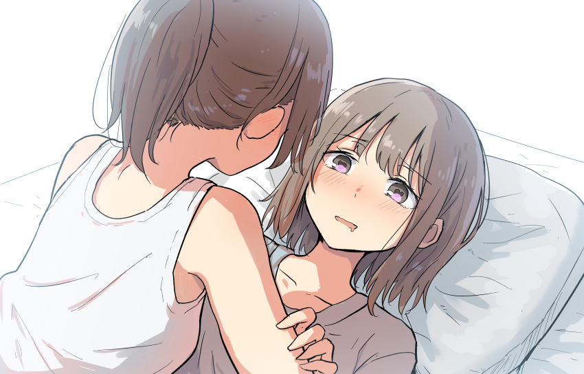 2girls absurdres betock blush brown_eyes brown_hair facing_another girl_on_top hand_on_another's_arm heart heart-shaped_pupils highres lying multiple_girls on_back on_bed original ponytail short_hair symbol-shaped_pupils tank_top yuri