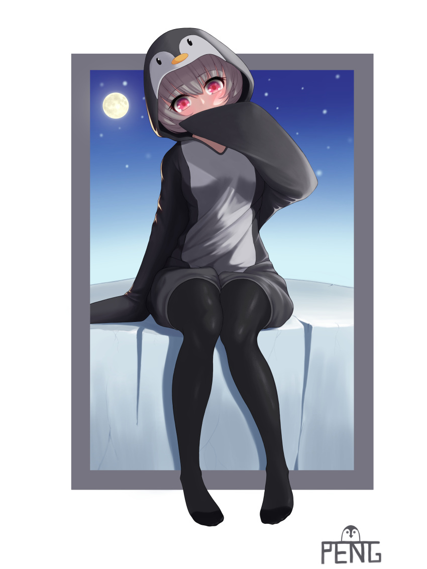 1girl absurdres animal_costume animal_hood artist_name black_legwear black_pajamas commentary covering_mouth eyebrows_visible_through_hair full_body full_moon grey_hair hand_over_own_mouth hand_up highres hood hood_up looking_at_viewer moon night night_sky no_shoes original outside_border pajamas pantyhose peng_kun penguin_costume penguin_hood red_eyes sitting sky solo star_(sky) tareme white_background