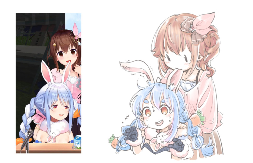 2girls :d animal_ear_fluff animal_ears bangs biting black_gloves blue_hair bow braid brown_hair carrot_hair_ornament commentary don-chan_(usada_pekora) ds_(ndsl) ear_biting eyebrows_visible_through_hair food-themed_hair_ornament gloves hair_bow hair_ornament hand_on_another's_shoulder hololive long_hair minecraft multicolored_hair multiple_girls open_mouth photo-referenced pink_shirt rabbit_ears red_eyes reference_inset reference_photo_inset shirt side_ponytail simple_background smile streaked_hair sweatdrop symbol-only_commentary thick_eyebrows tokino_sora twin_braids two-tone_hair usada_pekora virtual_youtuber white_background white_hair |_| ||_||