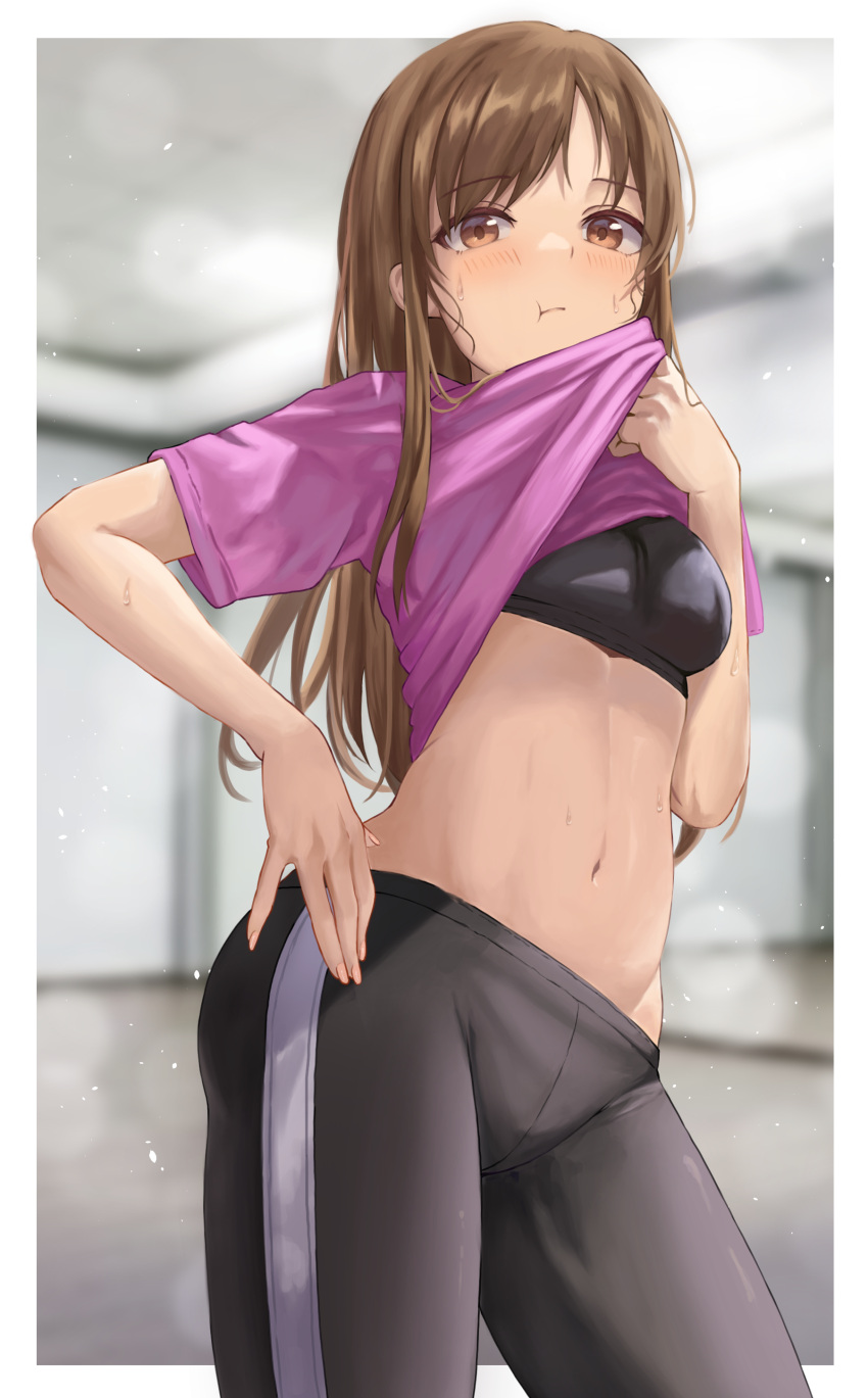 1girl :t absurdres bangs black_pants blurry blurry_background blush border breasts brown_eyes brown_hair closed_mouth clothes_lift contrapposto cowboy_shot depth_of_field eyebrows_visible_through_hair highres idolmaster idolmaster_cinderella_girls indoors lifted_by_self medium_breasts navel nitta_minami outside_border pants parted_bangs pink_shirt pout shirt shirt_lift short_sleeves sports_bra stomach sweat white_border yj yoga_pants