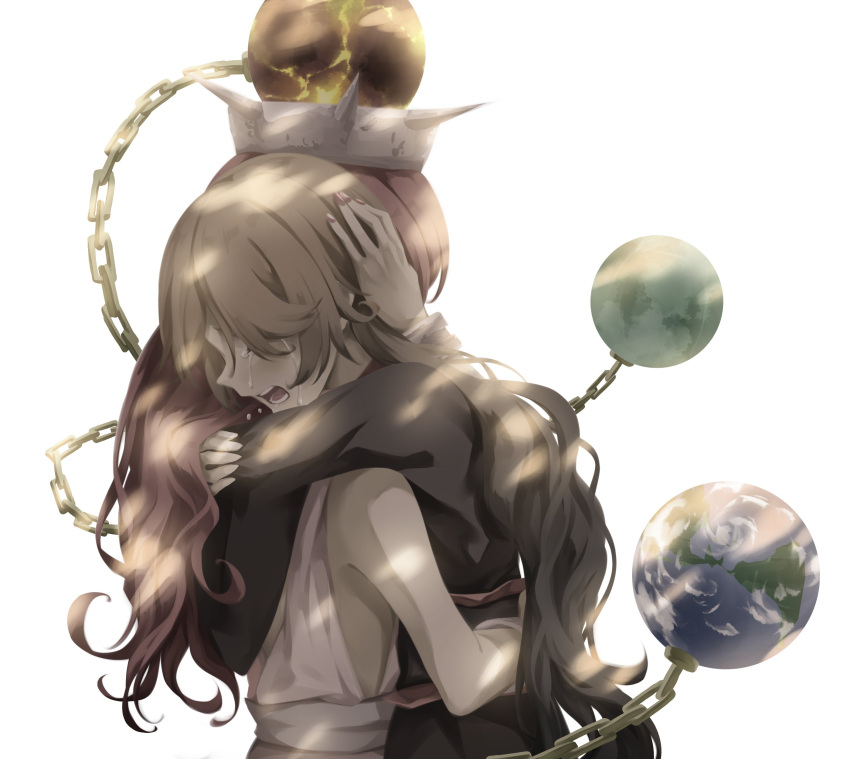 absurdres arm_up bangs bare_shoulders belt black_belt black_dress blonde_hair chain chinese_clothes closed_eyes crying dress earth_(ornament) eyebrows_visible_through_hair gold_chain hair_between_eyes hand_on_another's_head hand_up hecatia_lapislazuli highres hug junko_(touhou) long_hair long_sleeves moon_(ornament) no_hat no_headwear open_mouth otomeza_ryuseigun polos_crown red_headwear redhead shadow simple_background sleeveless tears touhou white_background white_dress white_headwear wide_sleeves wristband