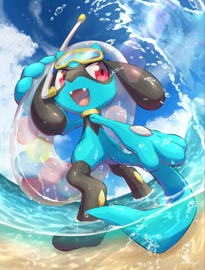 absurdres air_bubble bubble clouds commentary_request day fangs from_below gen_4_pokemon goggles highres holding holding_innertube innertube nullma open_mouth outdoors pokemon pokemon_(creature) riolu sky snorkel solo standing tongue wading water water_drop