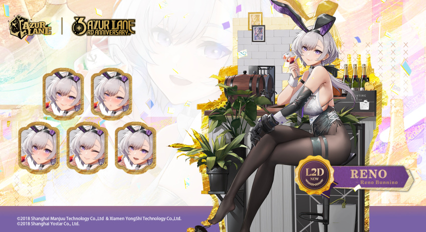 1girl alcohol animal_ears azur_lane bar black_gloves black_legwear breasts elbow_gloves expressions fake_animal_ears gloves grey_hair highres large_breasts looking_at_viewer official_art pandea_work pantyhose plant potted_plant promotional_art rabbit_ears reno_(azur_lane) reno_(reno_bunnino_(azur_lane) short_hair_with_long_locks sideboob single_elbow_glove skindentation sleeveless solo thigh_strap violet_eyes wrist_cuffs