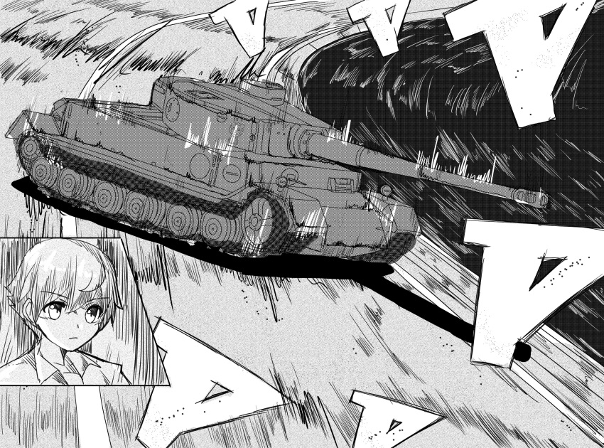1girl 9s0ykoyama117 absurdres bangs closed_mouth commentary drifting driving emblem eyebrows_visible_through_hair frown girls_und_panzer greyscale ground_vehicle highres leopon_(animal) military military_vehicle monochrome motion_blur motor_vehicle nakajima_(girls_und_panzer) road short_hair solo tank tiger_(p)
