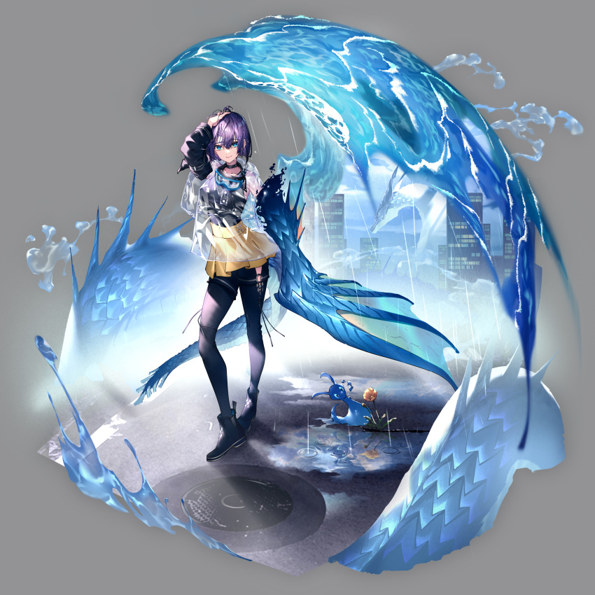 1girl absurdres bangs blue_eyes detached_sleeves dragon essual_(layer_world) eyebrows_visible_through_hair goggles goggles_around_neck grey_background highres looking_at_viewer original pleated_skirt purple_hair see-through short_hair skirt smile solo standing thigh-highs wet wet_hair