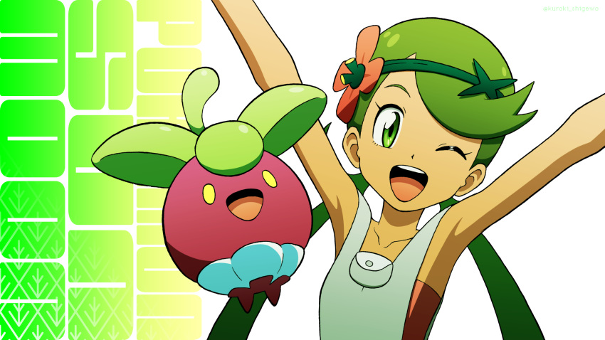1girl ;d arms_up bangs bare_arms bounsweet collarbone commentary_request copyright_name eyelashes flower gen_7_pokemon green_hair grey_overalls hair_flower hair_ornament highres kuroki_shigewo looking_at_viewer mallow_(pokemon) one_eye_closed open_mouth overalls pokemon pokemon_(anime) pokemon_(creature) pokemon_sm_(anime) smile swept_bangs tongue twintails upper_teeth white_background