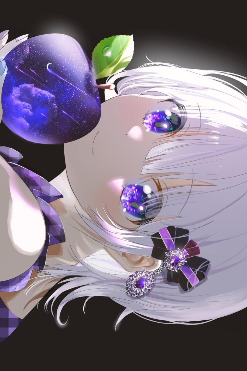 1girl apple black_background blurry bob_cut bow close-up clouds cloudy_sky droplets eyebrows_visible_through_hair food fruit gem glowing glowing_eyes grey_hair hair_bow hand_up highres holding holding_food isobe47 jewelry light_smile looking_at_viewer meteor moon original purple_theme ribbon sidelocks sky smile solo sparkle violet_eyes water_drop white_hair