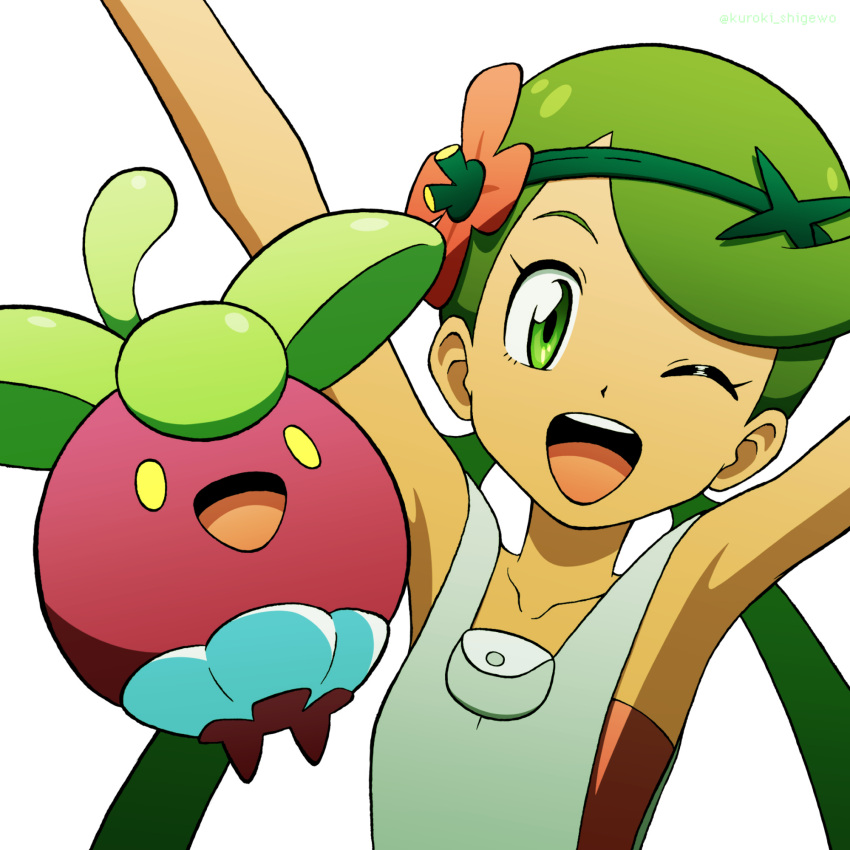 1girl ;d arms_up bangs bare_arms bounsweet collarbone commentary_request eyelashes flower gen_7_pokemon green_hair grey_overalls hair_flower hair_ornament highres kuroki_shigewo looking_at_viewer mallow_(pokemon) one_eye_closed open_mouth overalls pokemon pokemon_(anime) pokemon_(creature) pokemon_sm_(anime) simple_background smile swept_bangs tongue twintails upper_teeth white_background