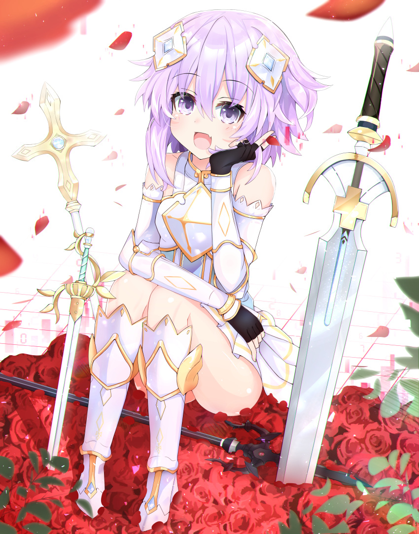 1girl :d absurdres arm_on_knee armor armored_boots ass bare_shoulders black_gloves blush boots breastplate detached_sleeves fang fingerless_gloves flower flower_bed four_goddesses_online:_cyber_dimension_neptune full_body giga-tera gloves hand_on_own_cheek hand_on_own_face happy head_rest headgear highres huge_filesize knee_boots knees_together_feet_apart knees_up looking_at_viewer medium_hair miniskirt multiple_swords multiple_weapons neptune_(neptune_series) neptune_(series) open_mouth planted planted_sword pleated_skirt polearm purple_hair red_flower rose sitting skirt smile solo spear staff sword thighs upskirt violet_eyes weapon white_footwear white_legwear white_skirt