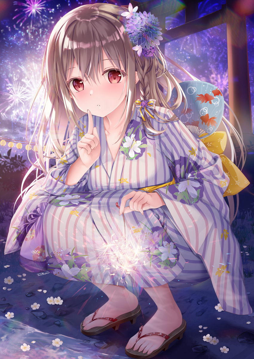 1girl absurdres aerial_fireworks bangs blush bow braid brown_hair commentary eyebrows_visible_through_hair finger_to_mouth fireworks floral_print flower full_body hair_between_eyes hair_bow hand_fan hand_up highres holding holding_sparkler japanese_clothes kimono long_hair long_sleeves looking_at_viewer maeda_shiori night outdoors paper_fan parted_lips print_kimono purple_bow red_eyes sandals senkou_hanabi shushing solo sousouman sparkler squatting striped torii twinbox_school uchiwa vertical-striped_kimono vertical_stripes white_flower wide_sleeves