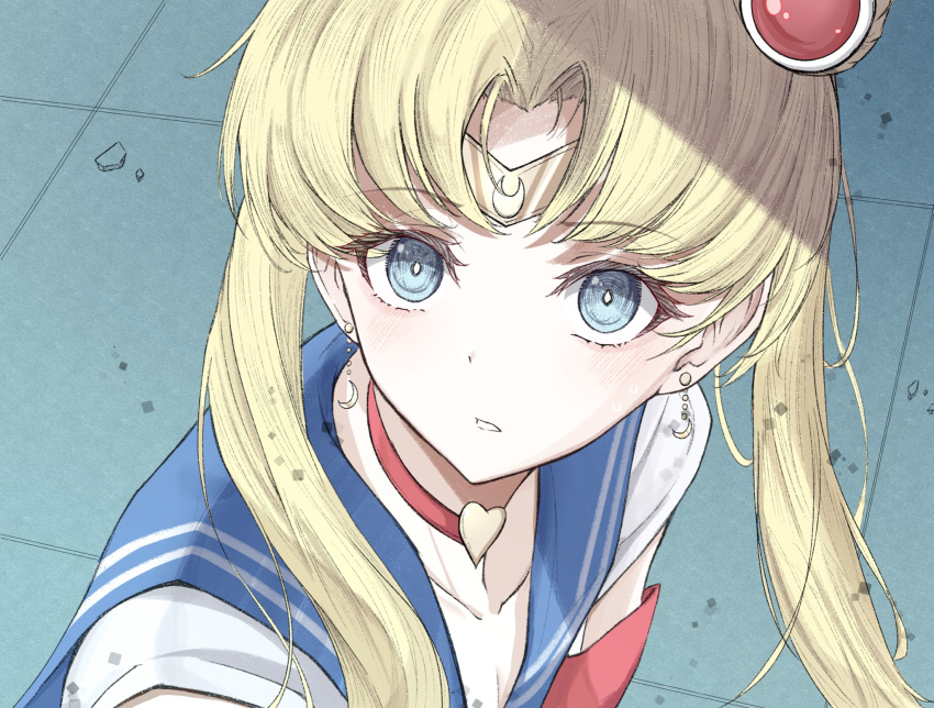 1girl bangs bishoujo_senshi_sailor_moon blonde_hair blue_eyes blue_sailor_collar bright_pupils choker crescent crescent_earrings diadem earrings eyebrows_visible_through_hair heart heart_choker hegata_(hegatia_lapis) highres jewelry long_hair looking_at_viewer open_mouth red_choker sailor_collar sailor_moon sailor_moon_redraw_challenge sailor_senshi_uniform solo twintails upper_body white_pupils