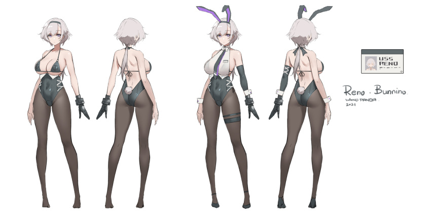 1girl animal_ears artist_name ass azur_lane backless_leotard bare_shoulders bikini black_bikini black_footwear black_legwear black_neckwear breasts fake_animal_ears fake_tail high_heels highres large_breasts mechanical_hands multiple_views necktie official_alternate_costume official_art pandea_work pantyhose playboy_bunny rabbit_ears rabbit_tail reno_(azur_lane) reno_(reno_bunnino)_(azur_lane) short_hair_with_long_locks simple_background single_mechanical_hand swimsuit tail thigh_strap white_background wrist_cuffs