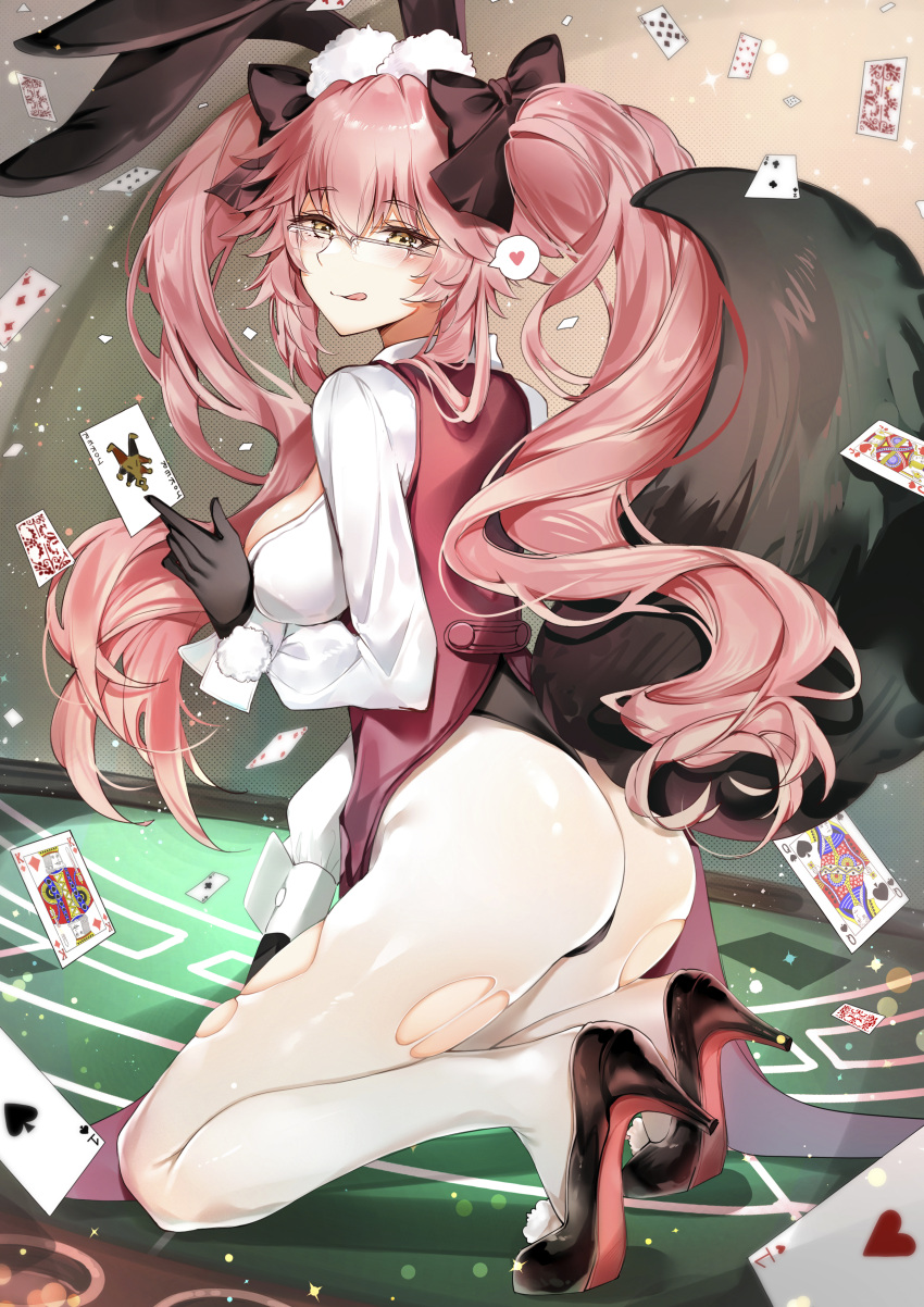 1girl absurdres animal_ear_fluff animal_ears ass bangs black_bow black_footwear black_gloves blush bow breasts card coattails collared_shirt corset dress_shirt eyebrows_visible_through_hair fate/grand_order fate_(series) female_ass fox_tail glasses gloves hair_between_eyes hair_bow heart high_heels highres koyanskaya_(fate) large_breasts licking_lips long_hair long_sleeves looking_at_viewer looking_to_the_side pantyhose pink_hair playing_card rabbit_ears shirt sidelocks smile solo spoken_heart tail tamamo_(fate) tongue tongue_out torn_clothes torn_legwear twintails underbust white_legwear white_shirt yellow_eyes yukineko1018