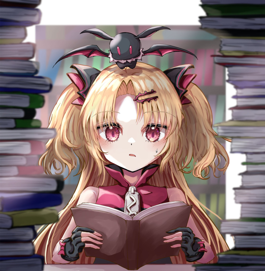 1girl akatsuki_uni bat blonde_hair blurry blurry_background blush book book_stack fingerless_gloves gloves hair_ornament hairclip highres indie_virtual_youtuber kayon_(touzoku) library looking_at_viewer portrait reading red_eyes solo sweatdrop table