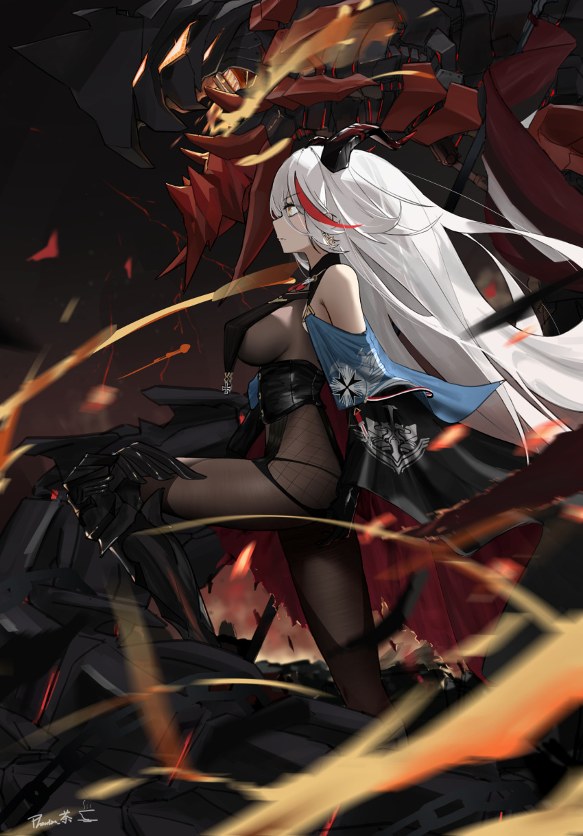 1girl absurdly_long_hair absurdres aegir_(azur_lane) asymmetrical_footwear azur_lane bare_shoulders black_cape black_gloves bodystocking boots breast_curtains breasts cape covered_navel covered_nipples cross cross-laced_clothes cross_earrings demon_horns earrings elbow_gloves eyebrows_visible_through_hair from_side gloves hair_between_eyes highres horns huge_filesize impossible_clothes iron_cross jewelry knee_boots large_breasts long_hair mark_jin mechanical_dragon multicolored_hair red_background redhead simple_background single_knee_boot skin_tight skindentation solo streaked_hair two-tone_background underbust uneven_footwear very_long_hair white_background white_hair yellow_eyes