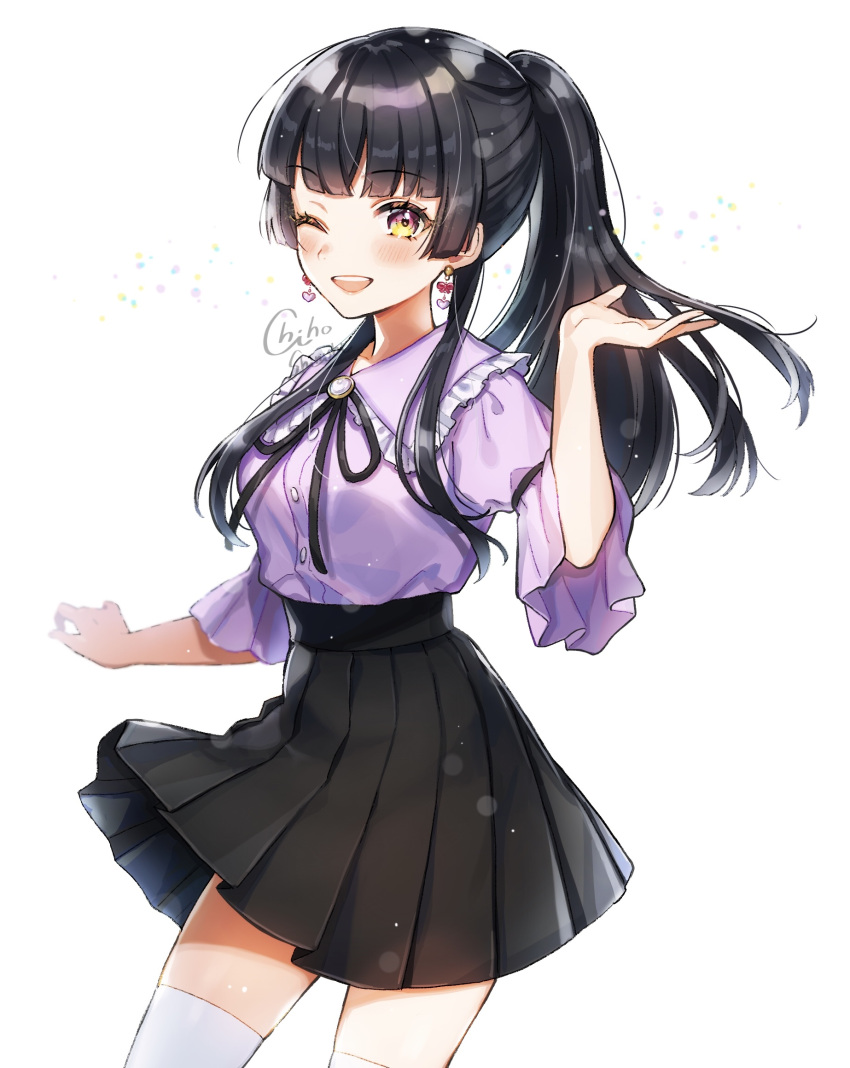 1girl bangs black_hair black_ribbon black_skirt blunt_bangs brooch collar collared_shirt commentary_request cowboy_shot earrings eyebrows_visible_through_hair frilled_collar frills heart heart_earrings highres idolmaster idolmaster_shiny_colors jewelry long_hair looking_at_viewer mayuzumi_fuyuko neck_ribbon one_eye_closed open_mouth piroshiki123 pleated_skirt ponytail purple_shirt ribbon shirt shirt_tucked_in sidelocks simple_background skirt solo thigh-highs upper_teeth white_background white_legwear wide_sleeves yellow_eyes