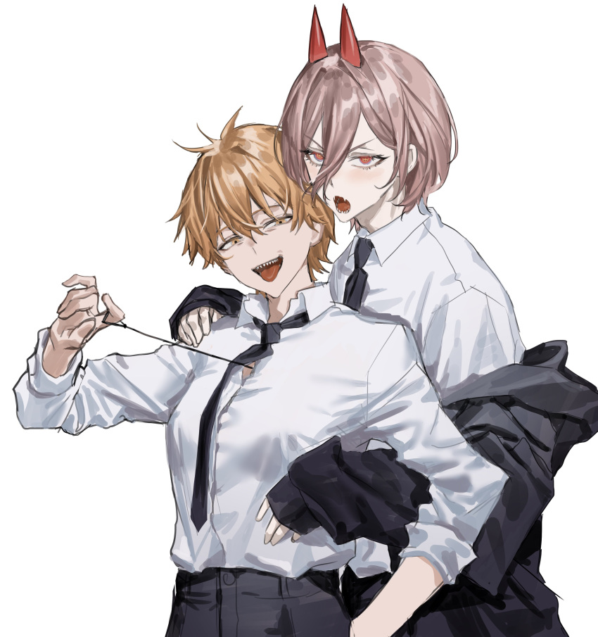 1boy 1girl :d absurdres black_jacket black_neckwear black_pants blonde_hair breasts chainsaw_man commentary_request crosshair_pupils denji_(chainsaw_man) genderswap genderswap_(ftm) genderswap_(mtf) highres horns jacket korean_commentary long_sleeves necktie off_shoulder open_clothes open_jacket open_mouth pants pink_hair power_(chainsaw_man) puffy_long_sleeves puffy_sleeves red_eyes red_horns sharp_teeth short_hair sleeves_past_wrists sleeves_rolled_up smile string teeth tongue tongue_out unye_00 yellow_eyes