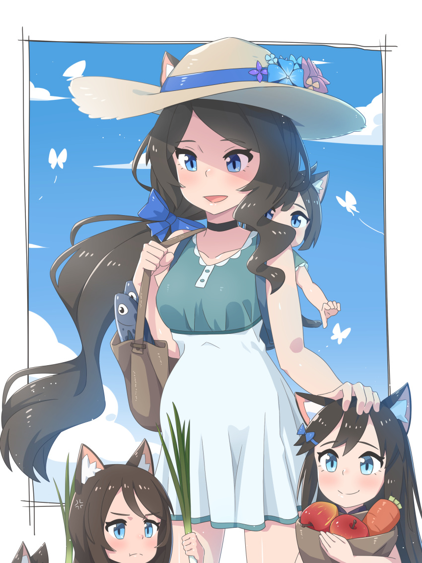 4girls :d :t absurdres animal_ear_fluff animal_ears bag black_choker blue_eyes blue_flower blue_sky brown_hair carrot cat_ears cat_tail child child_carry choker closed_mouth day ears_through_headwear fish flower hair_ornament hair_scrunchie hand_on_head hat hat_flower highres long_hair mother_and_daughter multiple_girls nekoze_(s22834712) open_mouth original pregnant purple_flower scrunchie shoulder_bag sky smile spring_onion sun_hat tail triplets tu_ya_(nekoze) very_long_hair