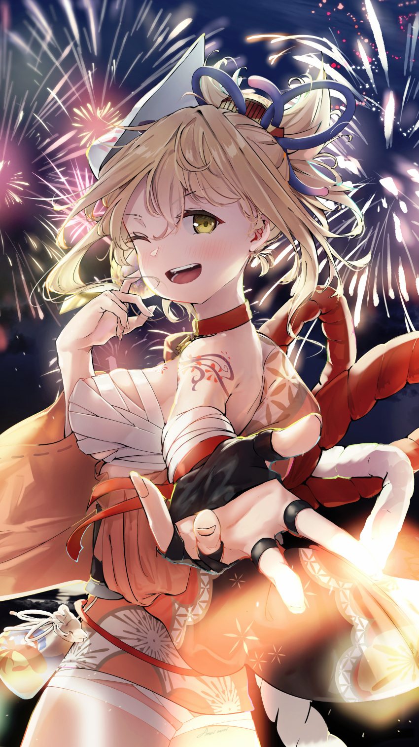 1girl ;d absurdres amamami_prime arm_tattoo bandages bare_shoulders black_gloves blonde_hair blush breasts chest_tattoo choker fingerless_gloves fireworks genshin_impact gloves highres huge_filesize japanese_clothes kimono looking_at_viewer medium_breasts night night_sky one_eye_closed open_mouth reaching_out sarashi sideboob sky smile tattoo tied_hair yellow_eyes yoimiya_(genshin_impact)