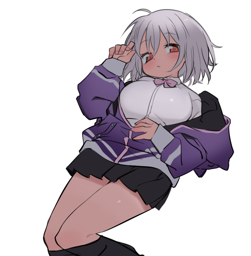 1girl absurdres arm_up bangs black_legwear black_skirt blush bow bowtie breasts clothes_pull collared_shirt eyebrows_visible_through_hair feet_out_of_frame grey_hair gridman_universe hair_between_eyes half-closed_eyes hand_on_own_stomach head_tilt highres jacket kokaki_mumose large_breasts legs_together long_sleeves looking_at_viewer looking_to_the_side lying miniskirt off_shoulder on_back open_clothes open_jacket pantyhose pantyhose_pull parted_lips pleated_skirt puffy_long_sleeves puffy_sleeves purple_bow purple_jacket purple_neckwear red_eyes shinjou_akane shirt short_hair simple_background skirt solo ssss.gridman thighs white_background white_shirt