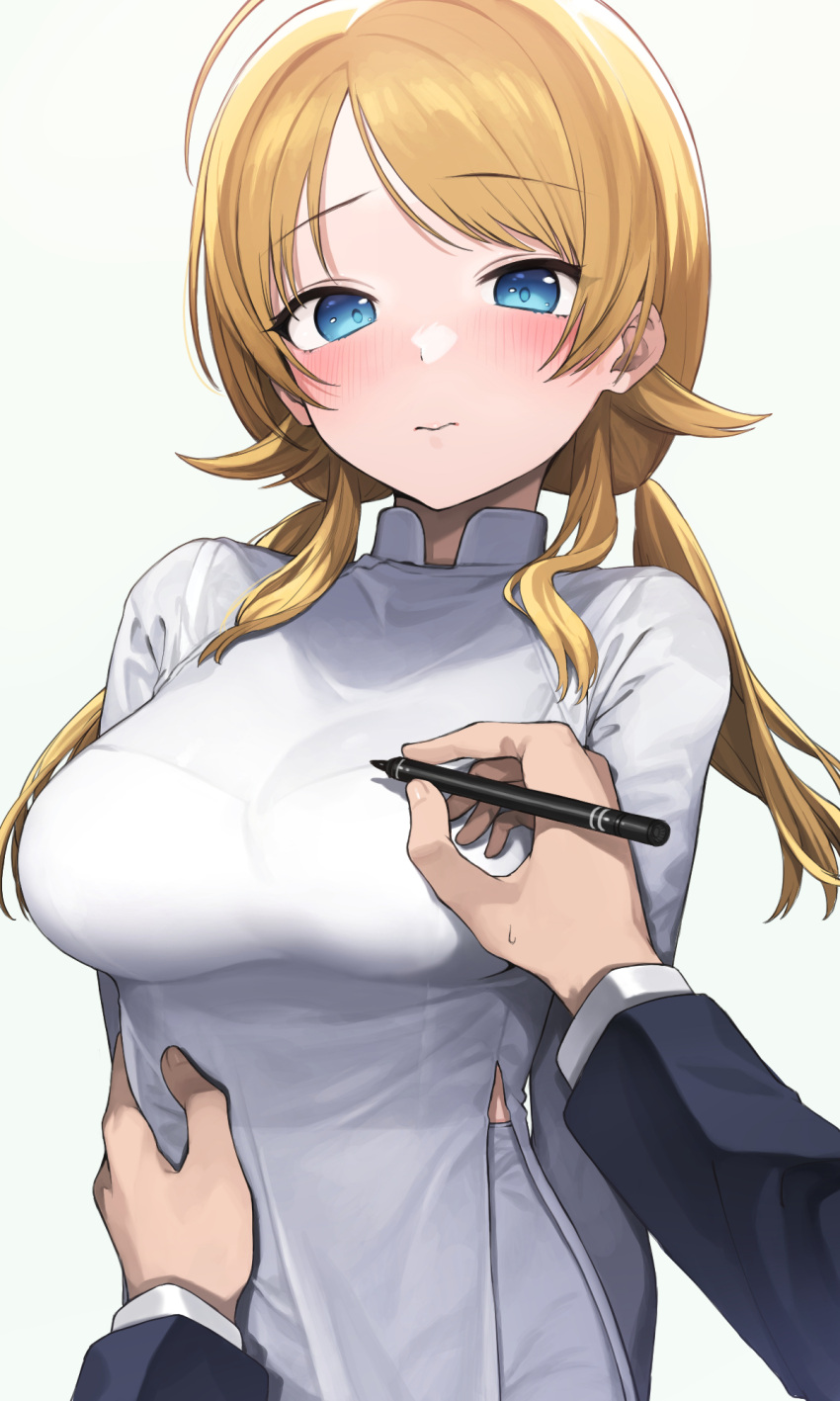 1boy 1girl ahoge arms_behind_back bangs blonde_hair blue_eyes blush breasts commentary_request dress embarrassed eyebrows_visible_through_hair hachimiya_meguru highres holding holding_pen idolmaster idolmaster_shiny_colors large_breasts long_sleeves looking_at_viewer pants parted_bangs pen pov signalviolet simple_background torso_grab twintails upper_body vietnamese_dress wavy_mouth white_background white_dress white_pants