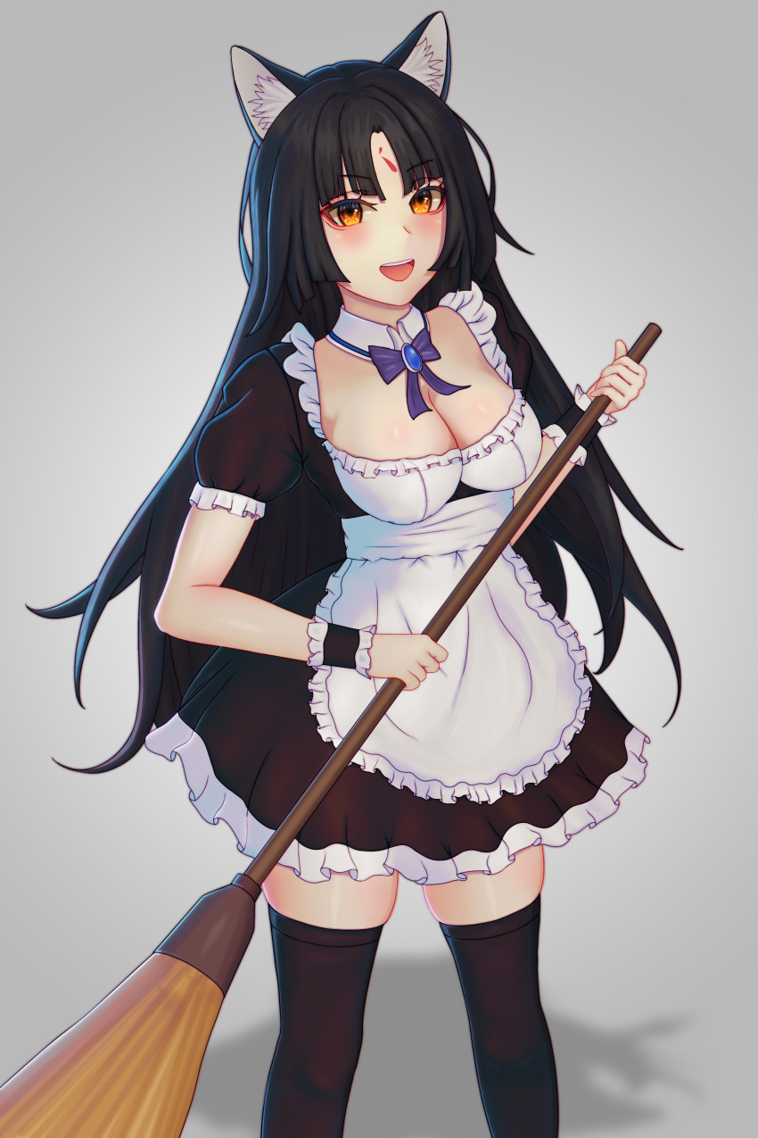 1girl absurd_fox absurdres alternate_costume animal_ears arknights bangs black_hair blush dog_ears eyebrows_visible_through_hair highres huge_filesize long_hair maid open_mouth saga_(arknights) simple_background solo thigh-highs very_long_hair yellow_eyes