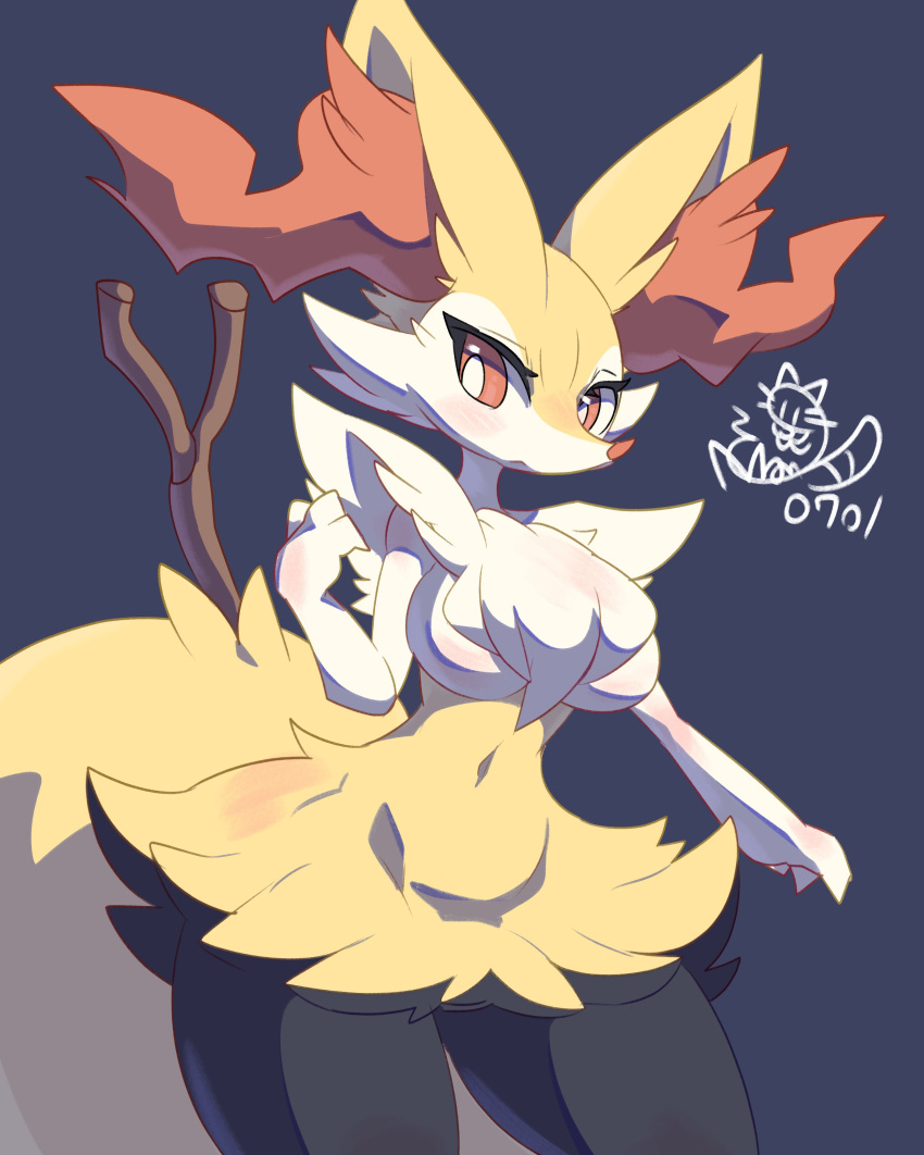 1girl absurdres animal_ear_fluff animal_ears blue_background blush braixen breasts bright_pupils contrapposto cowboy_shot dated fox_ears fox_tail furry gen_6_pokemon hand_up highres light_frown looking_at_viewer medium_breasts navel no_humans nyaswitchnya outstretched_arm pokemon pokemon_(game) pokemon_xy red_eyes red_nose signature simple_background solo stick symbol-only_commentary tail thick_thighs thighs tsurime