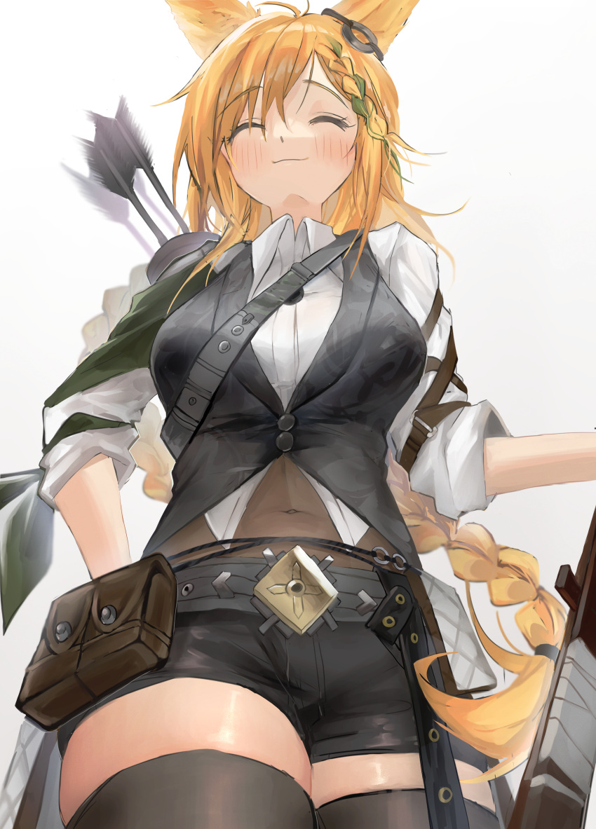 1girl :3 absurdres animal_ears arknights arrow_(projectile) bangs belt belt_pouch black_legwear black_shorts black_skirt black_vest blonde_hair bow braid closed_eyes closed_mouth collared_shirt commentary_request cowboy_shot dated from_below green_hair highres kaguura_(kagu) kroos_(arknights) long_hair miniskirt multicolored_hair navel official_alternate_costume pouch quiver rabbit_ears shirt short_sleeves shorts simple_background single_braid skirt smile solo thigh-highs two-tone_hair very_long_hair vest waist_cape white_background white_shirt zettai_ryouiki