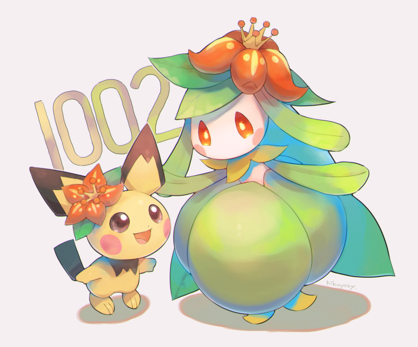 :d blush_stickers brown_eyes commentary_request flower gen_2_pokemon gen_5_pokemon highres kikuyoshi_(tracco) lilligant no_humans number open_mouth orange_eyes orange_flower pichu pokemon pokemon_(creature) signature smile standing toes tongue
