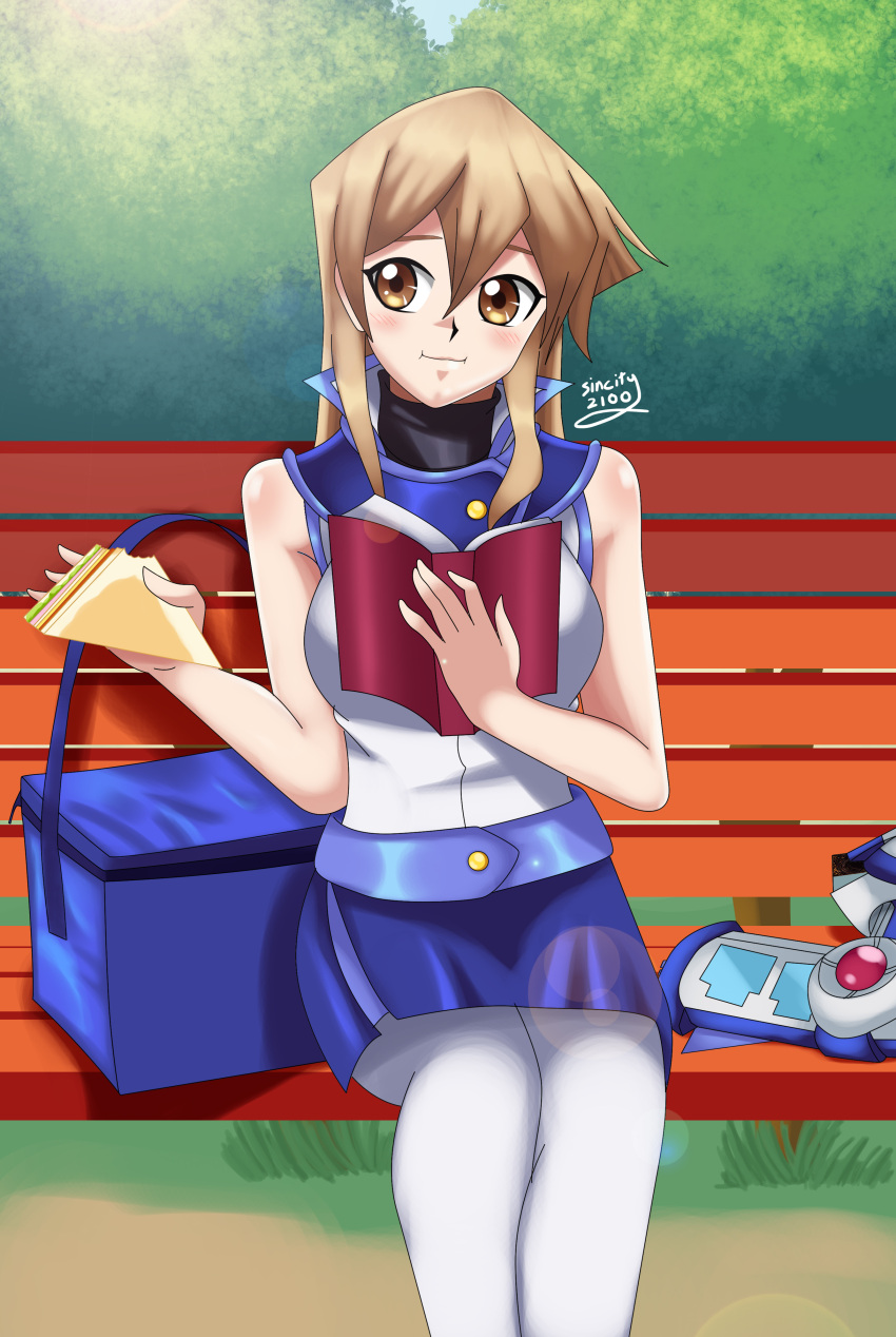 1girl blonde_hair blue_skirt blush deviantart deviantart_username duel_academy_uniform_(yu-gi-oh!_gx) duel_disk eating food gloves happy park park_bench sailor_collar sandwich sincity2100 sitting sleeveless_jacket sleeveless_shirt smile tenjouin_asuka tree white_jacket white_shirt yellow_eyes yu-gi-oh! yuu-gi-ou yuu-gi-ou_gx