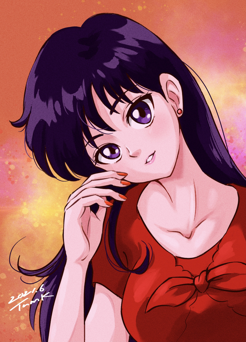 1girl absurdres bishoujo_senshi_sailor_moon collarbone commentary_request dated earrings head_tilt highres hino_rei jewelry long_hair looking_at_viewer purple_hair red_shirt sailor_moon_redraw_challenge shirt signature solo stud_earrings tsunemoku upper_body violet_eyes