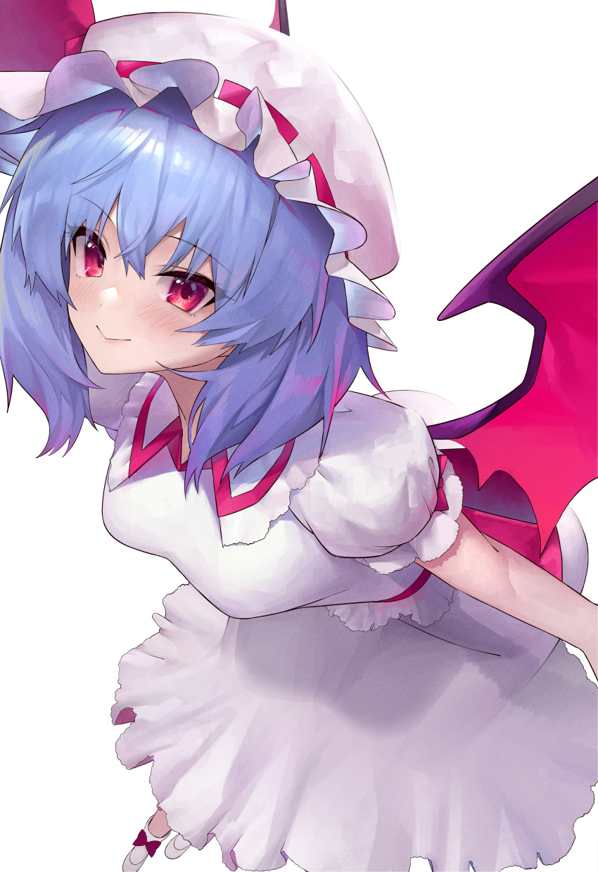 1girl :&gt; absurdres bangs bat_wings bisco_(bisco_art) blue_hair blush bow breasts closed_mouth commentary_request danmaku dress eyebrows_visible_through_hair feet_out_of_frame frilled_shirt_collar frills from_above hair_between_eyes hat hat_bow highres huge_filesize leaning_forward medium_breasts medium_hair mob_cap outdoors puffy_short_sleeves puffy_sleeves red_bow red_eyes remilia_scarlet short_sleeves simple_background solo touhou white_background white_dress white_headwear wings