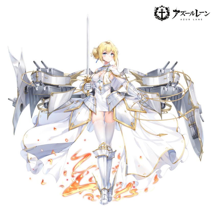 +_+ 1girl armor armored_boots azur_lane blonde_hair blue_eyes boots breasts covered_navel dress full_body gold_trim greaves highres holding holding_sword holding_weapon jeanne_d'arc_(azur_lane) knee_boots long_hair looking_at_viewer maya_g medium_breasts official_art rigging see-through solo sword thigh-highs weapon white_background white_dress white_legwear