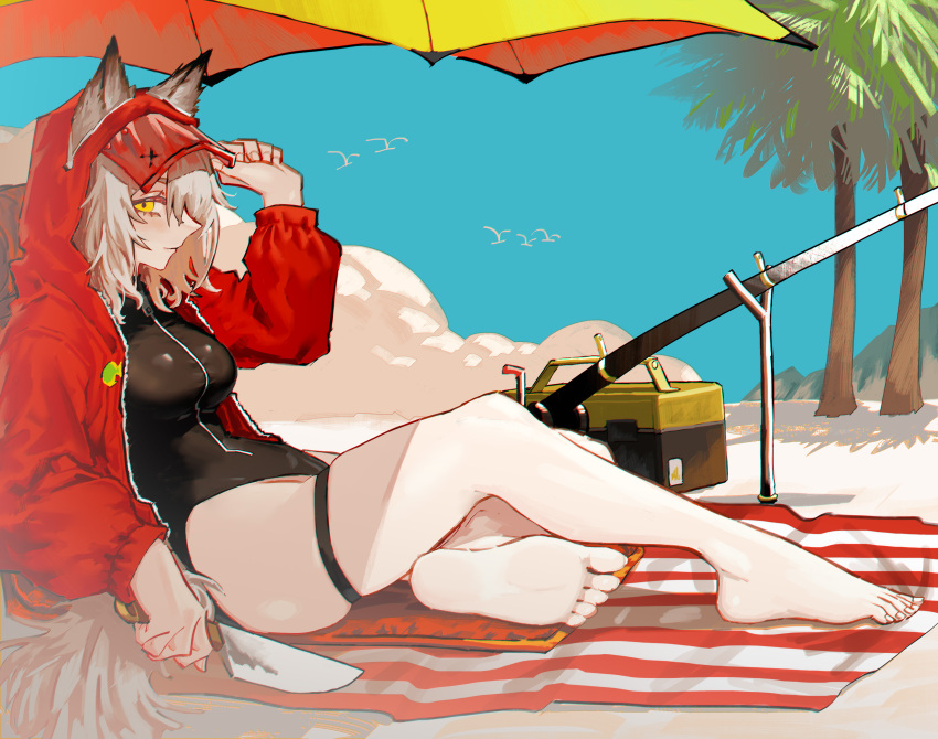 1girl absurdres animal_ears arknights beach beach_towel beach_umbrella bird black_swimsuit commentary ears_through_headwear fishing_rod grey_hair groin hand_on_headwear highres holding holding_knife hood hood_up hooded_jacket jacket knife long_hair official_alternate_costume one-piece_swimsuit open_clothes open_jacket outdoors palm_tree projekt_red_(arknights) projekt_red_(light_breeze)_(arknights) red_jacket renxzd sand sideways_glance sitting sky solo swimsuit tackle_box tail thigh_strap thighs towel tree umbrella wolf_ears wolf_girl wolf_tail yellow_eyes