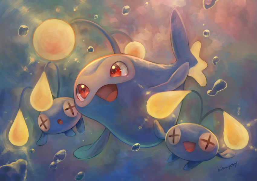 +_+ :d air_bubble bubble chinchou commentary_request evolutionary_line gen_2_pokemon glowing highres kikuyoshi_(tracco) lanturn no_humans open_mouth pokemon pokemon_(creature) red_eyes shiny signature smile tongue underwater