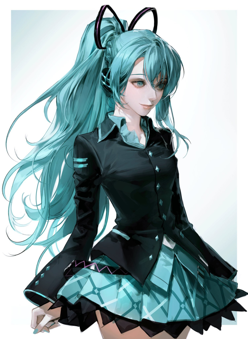 1girl arms_at_sides belt black_belt black_bow black_jacket blue_eyes blue_nails blue_shirt blue_skirt border bow breasts buttons clenched_hand closed_mouth collared_jacket collared_shirt cowboy_shot eyelashes facing_viewer fingernails gradient gradient_background grey_background hair_between_eyes hatsune_miku hatsune_miku_(if) headset high_ponytail highres jacket lips long_hair looking_afar loose_belt plaid plaid_skirt pleated_skirt ponytail realistic shirt sidelocks simple_background skirt small_breasts smile solo undershirt vlfdus_0 vocaloid white_border