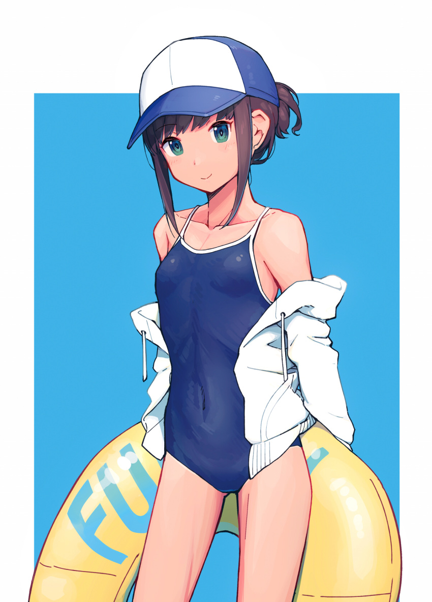 1girl baseball_cap black_hair blue_headwear blue_swimsuit covered_navel flat_chest fubuki_(kancolle) green_eyes hat highres innertube kantai_collection low_ponytail multicolored multicolored_clothes multicolored_headwear nakaaki_masashi navel one-piece_swimsuit ponytail short_ponytail sidelocks solo swimsuit white_headwear