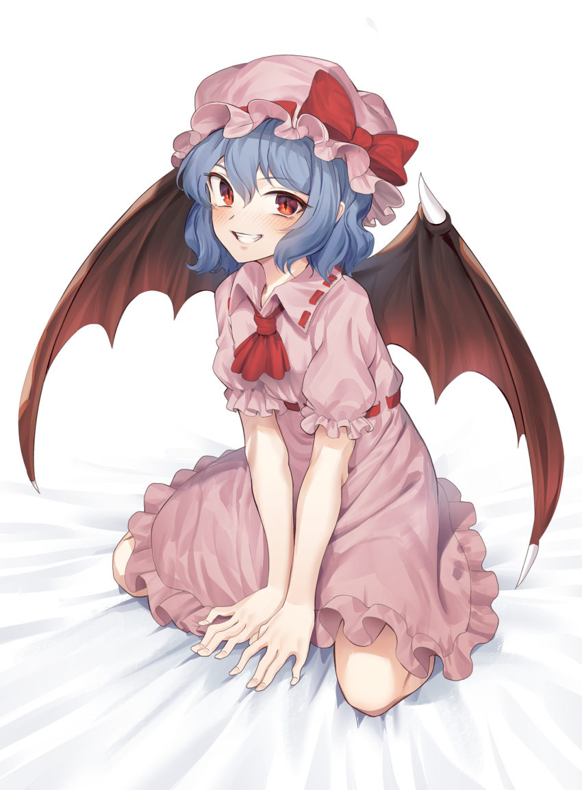 1girl absurdres ascot blue_hair blush bow commentary demon_wings dress goback hat hat_bow highres looking_at_viewer mob_cap on_bed pink_dress red_eyes red_neckwear remilia_scarlet short_hair short_sleeves sitting slit_pupils smile solo touhou v_arms wings